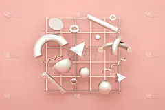 银色3d渲染逼真的原语组成。飞行的形状在运动孤立在粉红色的背景。时尚设计的抽象主题。球形，环面，管状