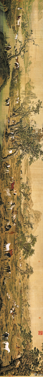 【中国传世名画之——《百骏图》】纸质，102X813厘米，现藏于台北故宫博物院,为意大利人郎世宁所作。郎世宁于1715年以传教士的身份远涉重洋来到中国，被重视西洋技艺的康熙皇帝召入宫中，从此开始了长达五十多年的宫廷画家生涯。《百骏图》是他的代表作之一。全卷色彩浓丽，构图复杂，别具意趣。