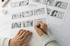 用手用铅笔画影片的故事板.画家画卡通人物.