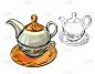 茶杯,绘画插图,瓷器,茶壶,矢量,俄罗斯,茶碟,一个物体,分离着色,花纹