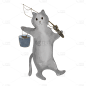 手绘-拟人钓鱼小猫动物元素贴纸9