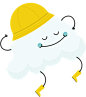 Blue Smiling Cloud Cartoon Character with a Yellow Bucket Hat and Rain Boots