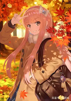 二次元插画：枫叶飘落的季节，片片落叶是我对你的思念