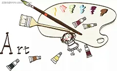 卡通儿童插画——彩色颜料和可爱小女孩彩色颜料|插画|调色板|绘画|卡通|卡通人物|卡通人物图片|漫画人物|毛笔|美术|人物素材|人物图片|矢量人物|矢量素材|小女孩