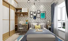 金域缇香-花开花落|两居室北欧装修设计方案效果，空间氛围舒适、时尚。几何条纹的壁纸、个性化的地毯搭配简洁的床品，显得大方，简洁。衣柜和书桌的设计显得更为整体。