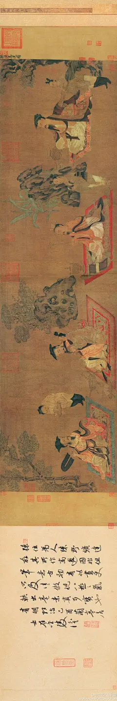 #人物画#【 唐 孙位 《高逸图》 】卷，绢本设色，45.2×168.7cm，上海博物馆藏。此图为《竹林七贤图》残卷，图中七人，北宋时已经残缺，仅存山涛、王戎、刘伶、阮籍四人。此画构图采取树石与人物相间隔，次要人物与主要人物相衬托的手法，既突出主要人物，又将各个人物的动作情态统一于和谐的环境之中。