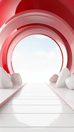 3d rendering of entrance, red staircase and red circle, in the style of 32k uhd, futuristic abstracts, white background, ultra hd, soft and rounded forms, innovative page design, tim etchells