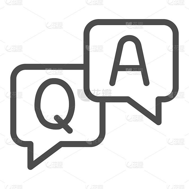 问答对话线图标，在线教育概念，白色背景的语音气泡中的Q和A字标志，轮廓风格的问答图标。矢量图形。