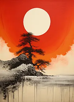 古风山水树木高山海边日出日落