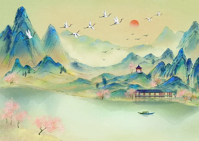 国风水墨青绿山水插画图片下载