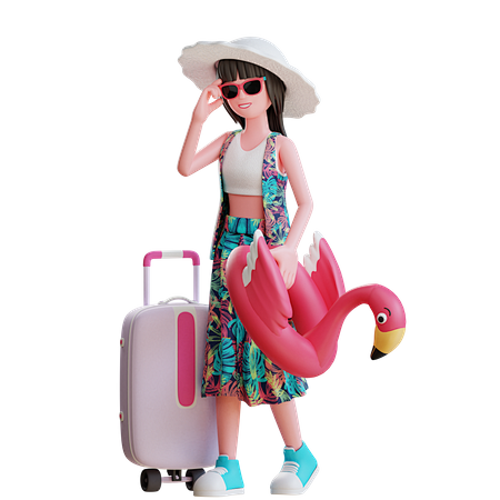带着鸭子漂浮 3D 插图去海滩旅行的女孩