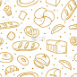 面包无缝模式。面包房涂鸦产品，法棍面包，牛角面包和百吉饼。卡通黄色元素白色，装饰纺织品，织物包装纸，