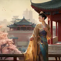 (1/4)在风格类似于artgerm、历史题材场景、rhads、ruan jia、南北朝、令人着迷的气氛城市景观、高分辨率的背景下，一位穿着长袍的亚洲女孩站在宫殿前，令人惊叹(AI绘图来自WeDraw.art)