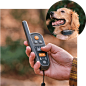 Hand increasing the length of the Heel™ Virtual Dog Leash, and a Golden Retriever wearing the Heel™ Roam 350 collar.