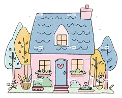 家庭粉色小屋蓝色屋顶花园植物前廊-森林花园中异想天开的粉色小屋