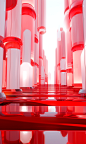 an abstract 3d rendering of red floor coverings, in the style of glass sculptures, light white, columns and totems, transparent/translucent medium, bauhaus simplicity, unreal engine 5, light-filled