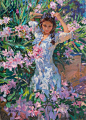 Yuri Krotov Portrait Painting - Girl Flowers Impressionist 2019 Contemporary