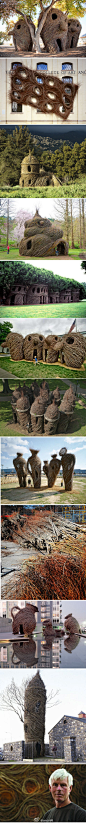 美国艺术家Patrick Dougherty的大地艺术/雕塑作品http://t.cn/zOlpRgC使用天然树枝材料和细致的编织结构制作，可以随着时间流逝分解。25年来，Patrick Dougherty运用木条在全世界制作了超过200个雕塑，每一个雕塑都成为一道亮丽的风景线http://t.cn/zOlpEtA