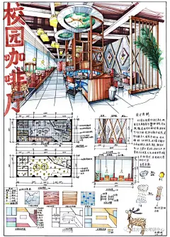手绘快题-咖啡厅设计(上色)-环艺专业室内方向-花瓣网