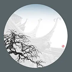 【姑苏图典】—— 圆形画面采用简练的黑白线条，画意效果强烈，表现出苏州城市特征小桥流水、鸟语花香、粉墙黛瓦的意境。
