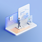 File analysis dashboard and folders, a male lawyer standing in front of the phone, microsoft style design, isometric design, blue and white glass, glow, transparency, blender, c4d 3d characters, oc renderer,8k,HD,--ar 16:9