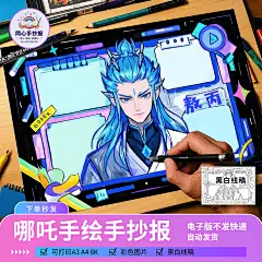 哪吒2敖丙卡通手绘手抄报模板电子版黑白线稿A3A48K4K小报素材