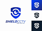 Premium Vector | Security services shield eye hand cctv logo defend design template watching blue outline tech technology