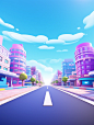 A 3D school street building scene, with a runway in the center, surrounded by teaching buildings, libraries, technology buildings and other buildings, the street landscape of modern science and technology style, the sky background, a little perspective, s