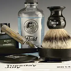 Trumper's Eucris shave soap, Kent badger brush, Dovo 5/8&quot; straight razor, Floid Blue aftershave, Chanel Bleu cologne, July 22, 2014