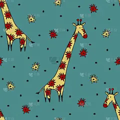 在蓝色背景上手绘长颈鹿重复矢量模式。简单的非洲动物墙纸设计。婴儿淋浴时装纺织品。