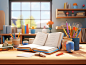 Open book on white desk with school supplies 3d stock photos, in the style of rendered in unreal engine, cartoon compositions, 8k resolution, atey ghailan, hyper-realistic oil, lively storytelling, mathematical precision