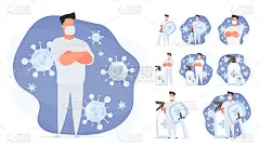 为海报或演讲准备。一个穿白色西装的医生。戴着医用口罩的医生带着剑和盾下落。用扁平的方式消毒。