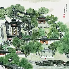 工笔画下的苏州园林，太震撼了！△胥王祠园