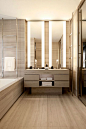 Love the light wood, not a color we see very often, very different and has an interesting texture and pattern #bathroom: 