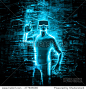 Virtual reality user / 3D render of man wearing virtual reality glasses surrounded by virtual data