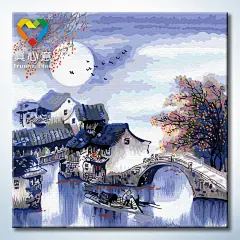 真心意數字油畫包郵客廳江南水鄉風景diy手繪靜夜月色60*60-淘寶網