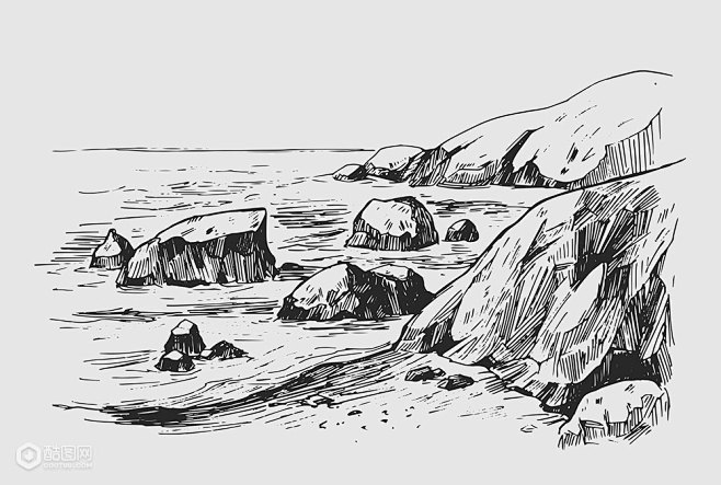 海岸石头 风景钢笔速写-风光建筑-插画图...