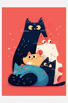 数字艺术猫咪装饰画扁平手绘风卡通猫素材-众图网