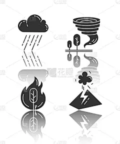 自然灾害下降阴影黑色字形图标集。全球气候变化。野火，暴雨，火山爆发，龙卷风。环境危害。孤立的矢量插图