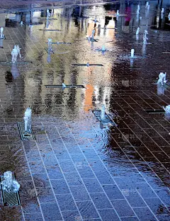 喷泉，湿砖路面