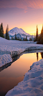冬天 雪 山 河 树木 夕阳 风景 手机壁纸