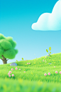 grassy landscape with trees, flowers and grass, in the style of minimalist objects, rendered in cinema4d, adorable toy sculptures, minimalist backgrounds, vibrant cartoonish, high resolution, 20 megapixels