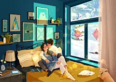 冬季阳光不及你的温暖冬天情侣居家插画