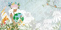 地球母亲日海报用手抱着新生婴儿躺在地球上，大自然为女人。卡通向量女孩与野生自然森林和地球，世界环境，