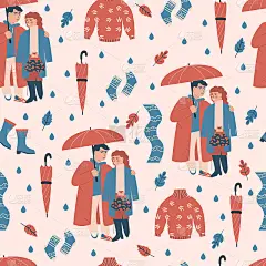 无缝图案与两对恋人撑伞。甜蜜的现代情侣，雨天的天气。秋季舒适的vector插图与季节衣服，如毛衣，胶