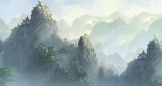 中国风场景气氛图古风山水建筑武侠仙侠CG原画游戏美术素材-花瓣网