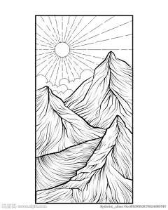 手绘插画山河线条矢量图