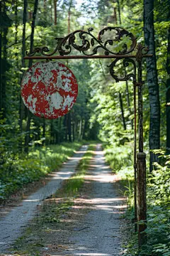 山林间林荫小道旁的旧指示牌