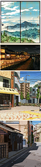677 手绘动漫插画 日式场景 日本建筑 怀旧街道街景水彩绘画素材-淘宝网