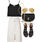 A fashion look from March 2016 featuring white skirt, silk camisole and black sandals. Browse and shop related looks.